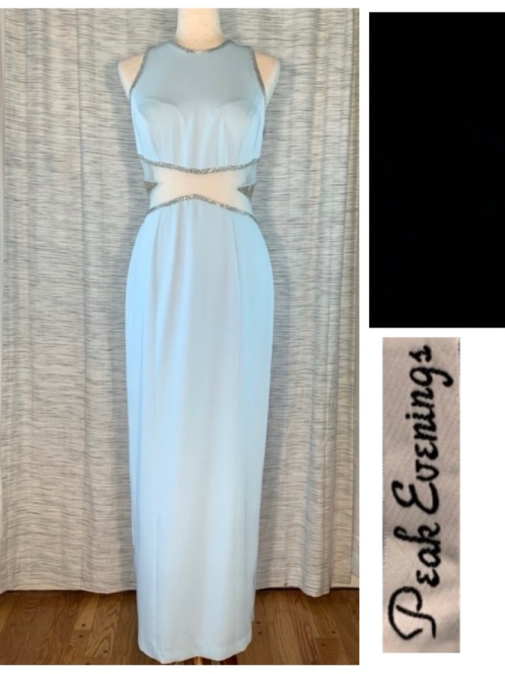 Peak Evenings Sky Blue Sleeveless Formal Evening Gown With Mesh Midriff.
